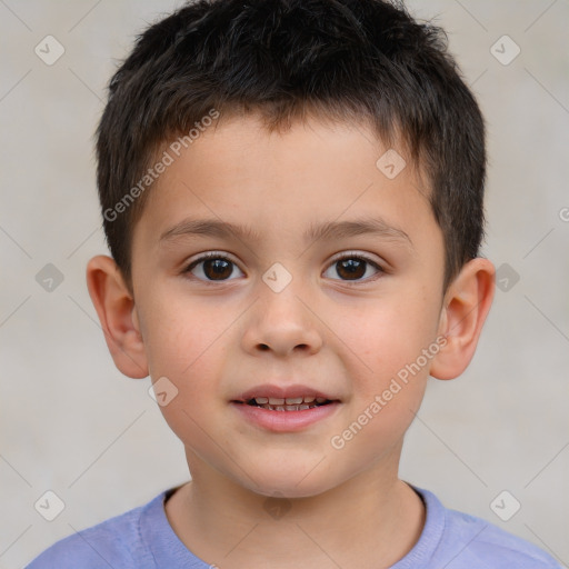 Joyful white child male with short  brown hair and brown eyes