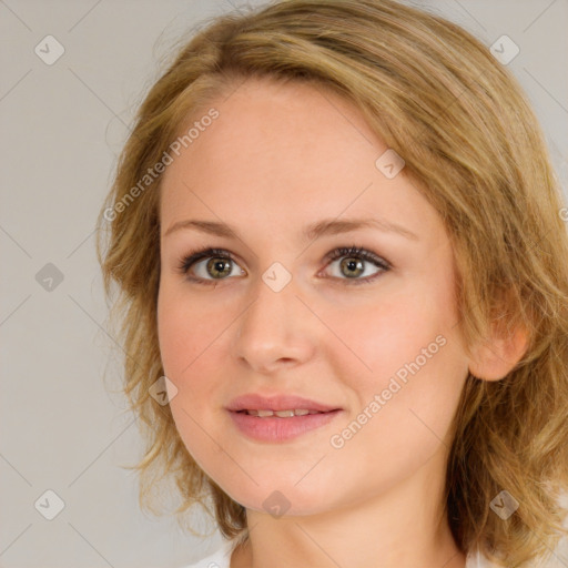 Joyful white young-adult female with medium  brown hair and blue eyes