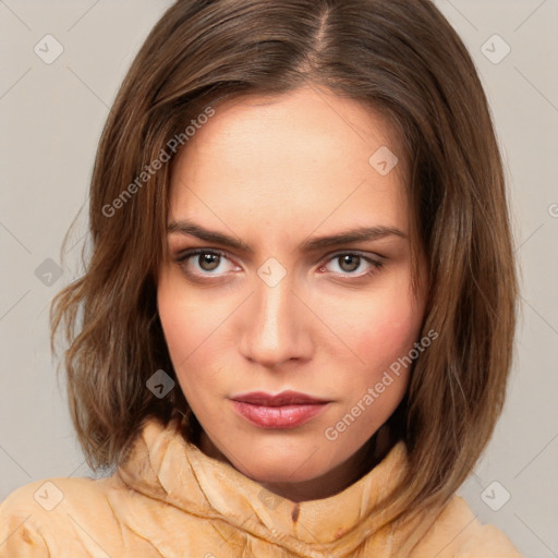 Neutral white young-adult female with medium  brown hair and brown eyes