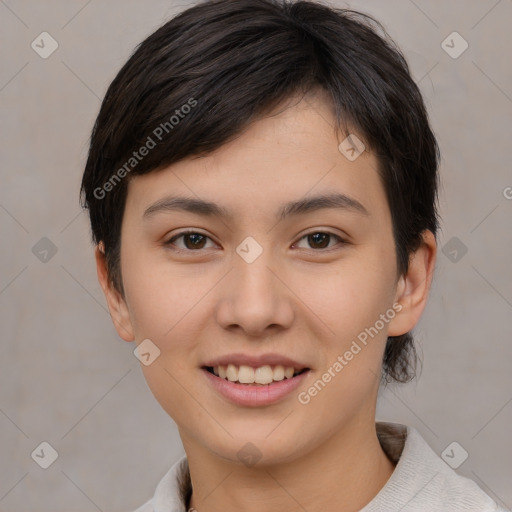 Joyful asian young-adult female with short  brown hair and brown eyes