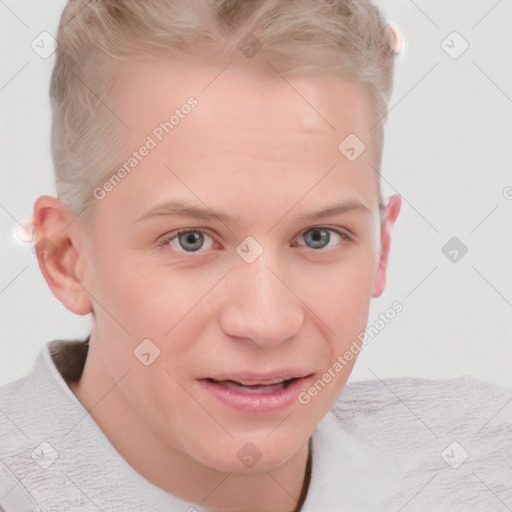 Joyful white young-adult male with short  brown hair and blue eyes