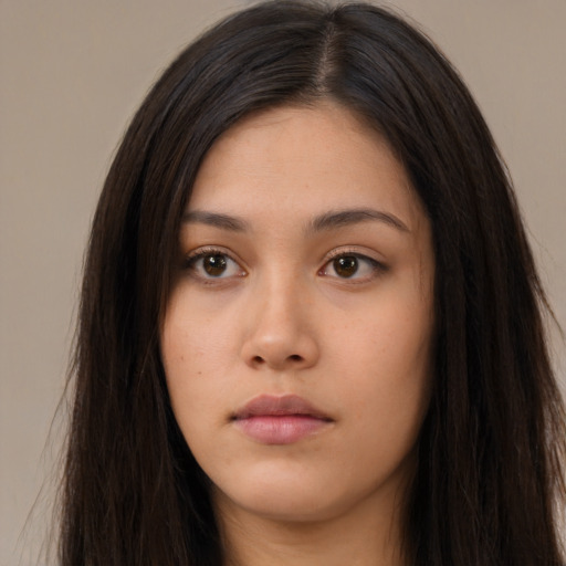 Neutral asian young-adult female with long  brown hair and brown eyes