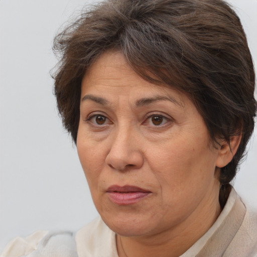 Joyful white adult female with short  brown hair and brown eyes