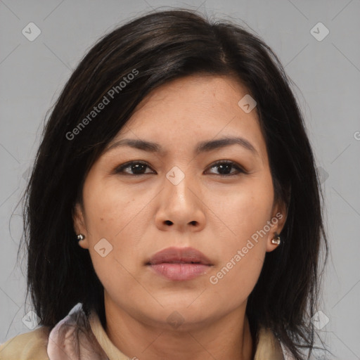 Neutral asian young-adult female with medium  brown hair and brown eyes