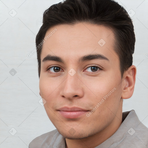 Neutral white young-adult male with short  brown hair and brown eyes