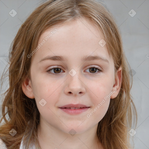 Joyful white child female with medium  brown hair and brown eyes