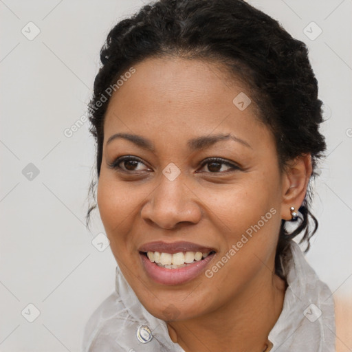 Joyful latino young-adult female with short  brown hair and brown eyes