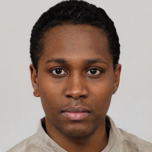 Neutral black young-adult male with short  black hair and brown eyes