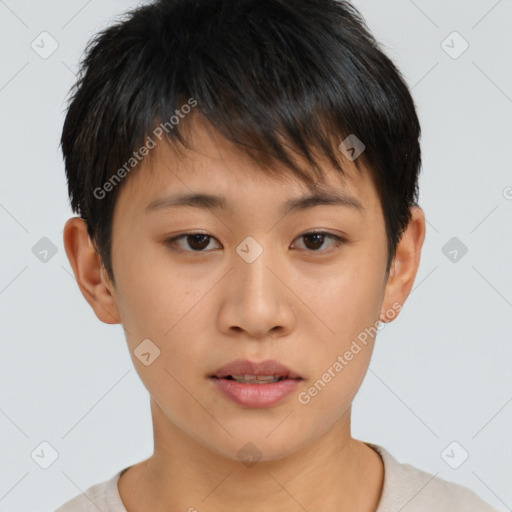 Neutral asian young-adult female with short  brown hair and brown eyes