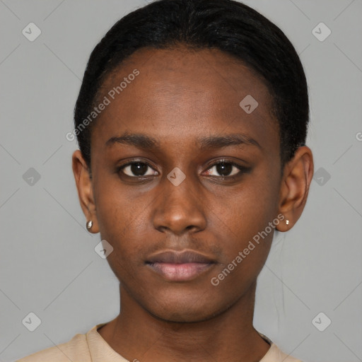 Neutral black young-adult female with short  black hair and brown eyes