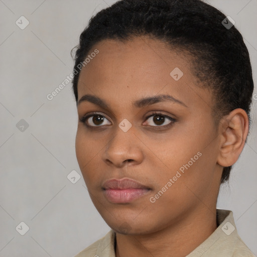 Neutral black young-adult female with short  brown hair and brown eyes