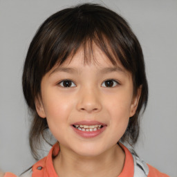 Joyful white child female with medium  brown hair and brown eyes