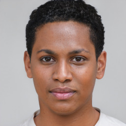 Neutral black young-adult female with short  black hair and brown eyes