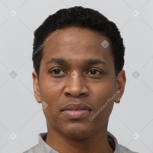 Neutral black young-adult male with short  black hair and brown eyes
