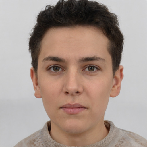 Neutral white young-adult male with short  brown hair and brown eyes