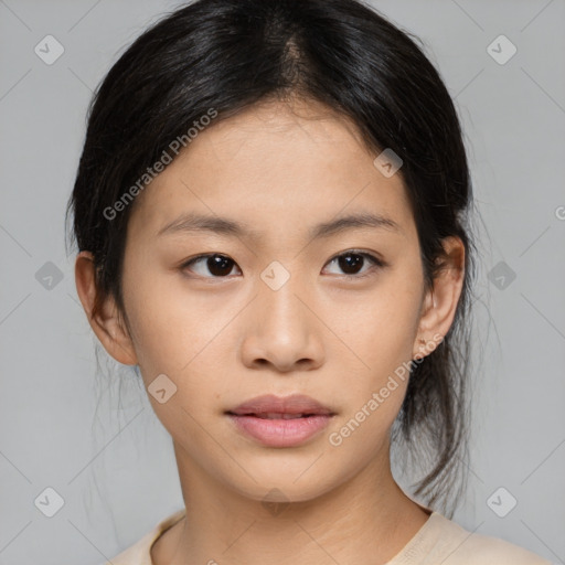 Neutral asian young-adult female with medium  brown hair and brown eyes