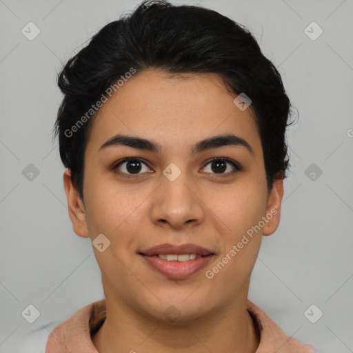 Joyful asian young-adult female with short  brown hair and brown eyes