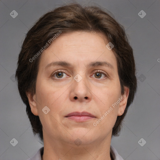 Neutral white adult female with short  brown hair and brown eyes