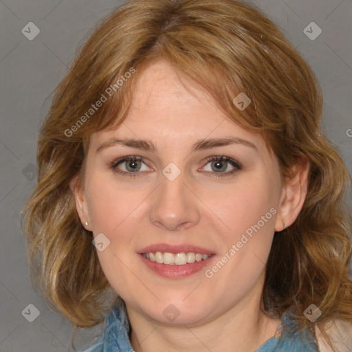 Joyful white young-adult female with medium  brown hair and blue eyes