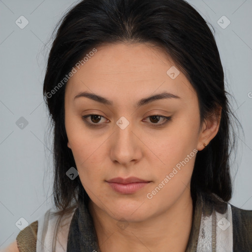 Neutral asian young-adult female with medium  brown hair and brown eyes