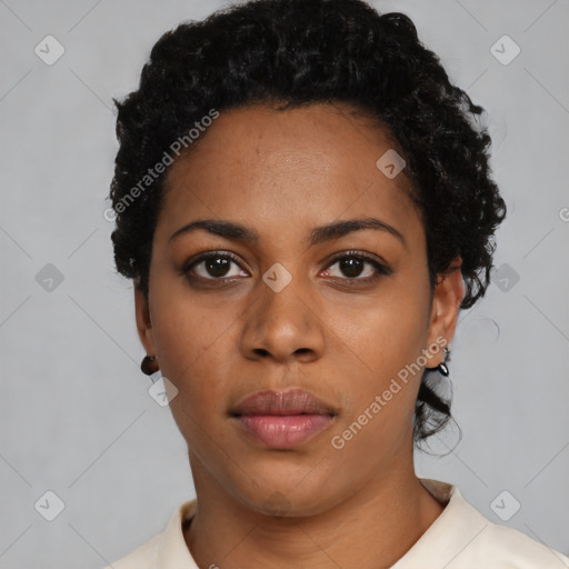 Neutral black young-adult female with short  black hair and brown eyes