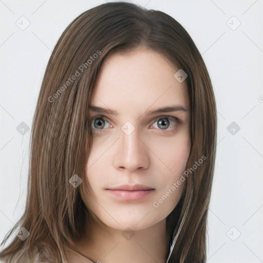 Neutral white young-adult female with long  brown hair and grey eyes