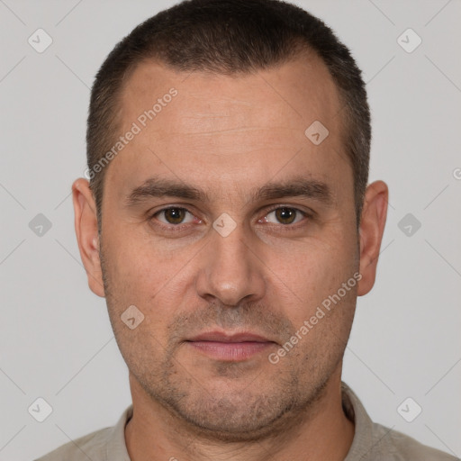 Neutral white adult male with short  brown hair and brown eyes