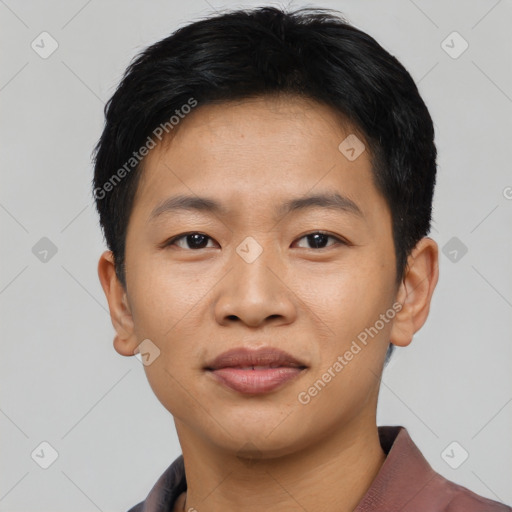 Joyful asian young-adult male with short  black hair and brown eyes