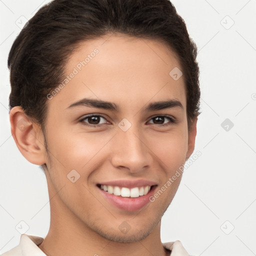 Joyful white young-adult female with short  brown hair and brown eyes