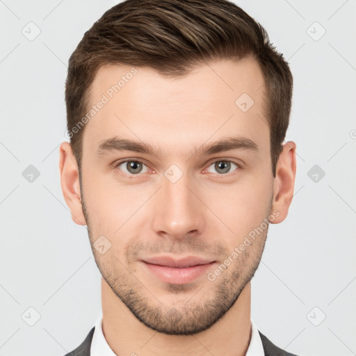 Neutral white young-adult male with short  brown hair and brown eyes