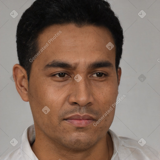 Neutral latino young-adult male with short  black hair and brown eyes