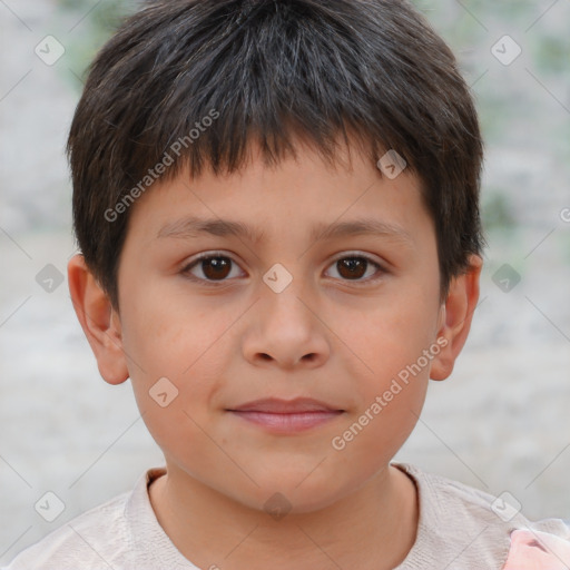 Joyful white child male with short  brown hair and brown eyes