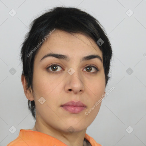 Neutral asian young-adult female with short  brown hair and brown eyes