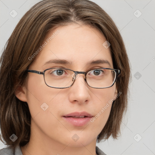 Neutral white young-adult female with medium  brown hair and grey eyes