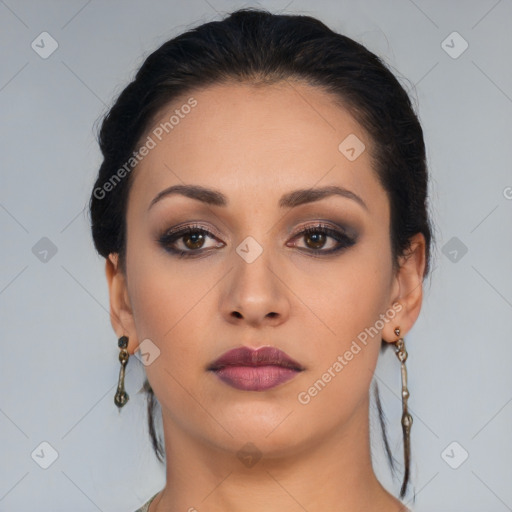 Neutral latino young-adult female with long  brown hair and brown eyes