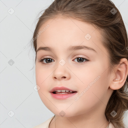 Joyful white child female with medium  brown hair and brown eyes