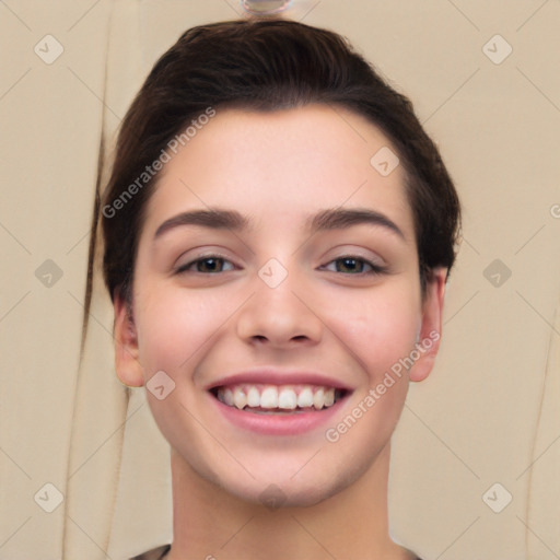 Joyful white young-adult female with short  black hair and brown eyes