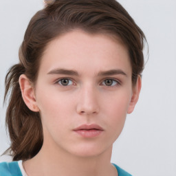 Neutral white young-adult female with short  brown hair and grey eyes