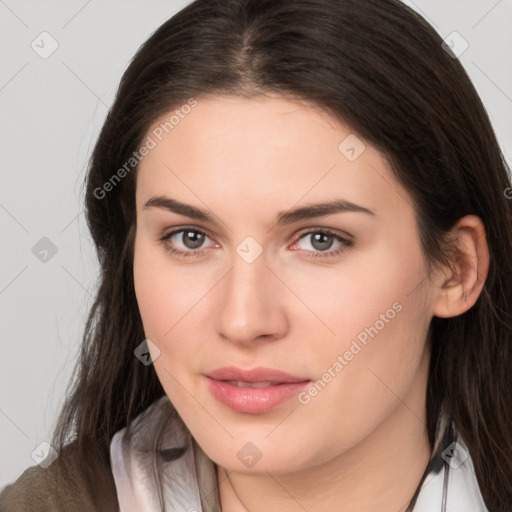 Neutral white young-adult female with medium  brown hair and brown eyes