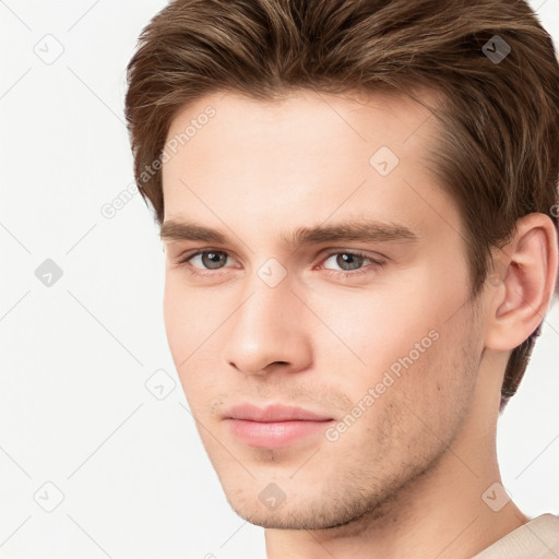 Neutral white young-adult male with short  brown hair and brown eyes