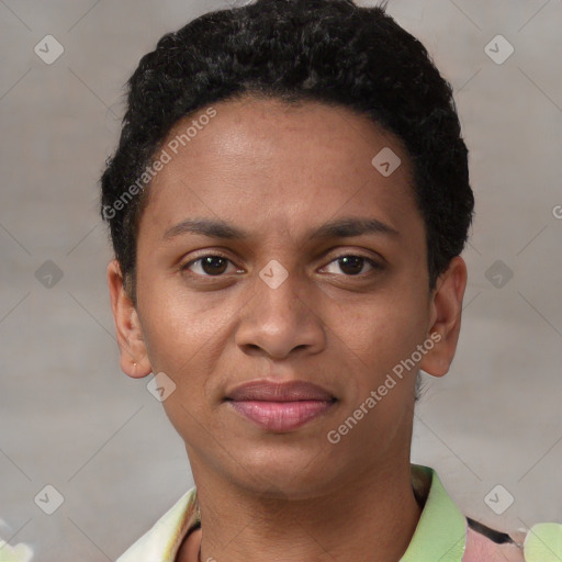 Joyful latino young-adult female with short  brown hair and brown eyes
