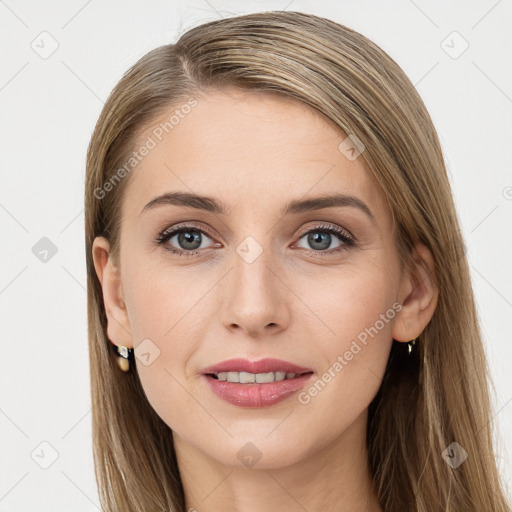 Joyful white young-adult female with long  brown hair and grey eyes