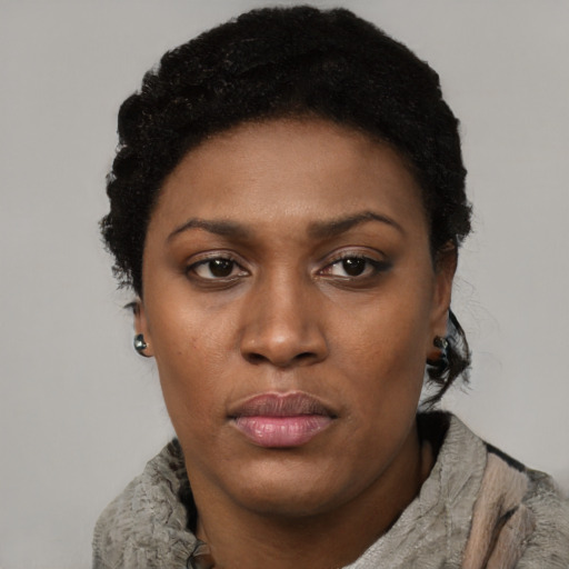 Neutral black young-adult female with short  black hair and brown eyes