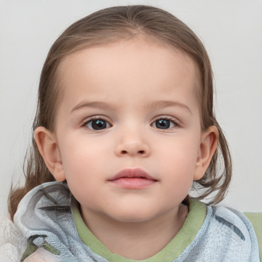 Neutral white child female with medium  brown hair and blue eyes