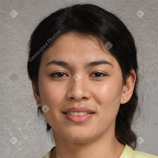 Joyful asian young-adult female with medium  brown hair and brown eyes