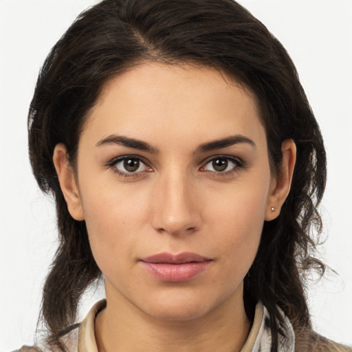 Neutral white young-adult female with medium  brown hair and brown eyes