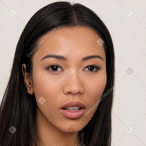 Neutral asian young-adult female with long  black hair and brown eyes