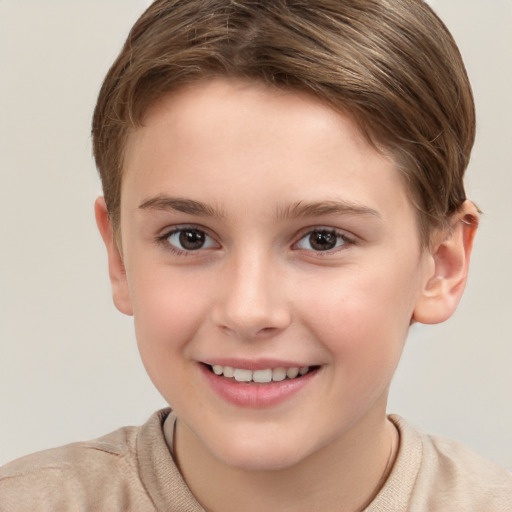 Joyful white child female with short  brown hair and brown eyes