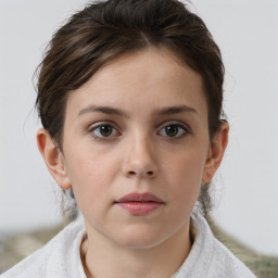 Neutral white young-adult female with short  brown hair and brown eyes