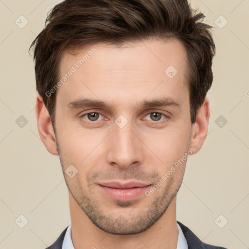 Neutral white young-adult male with short  brown hair and brown eyes